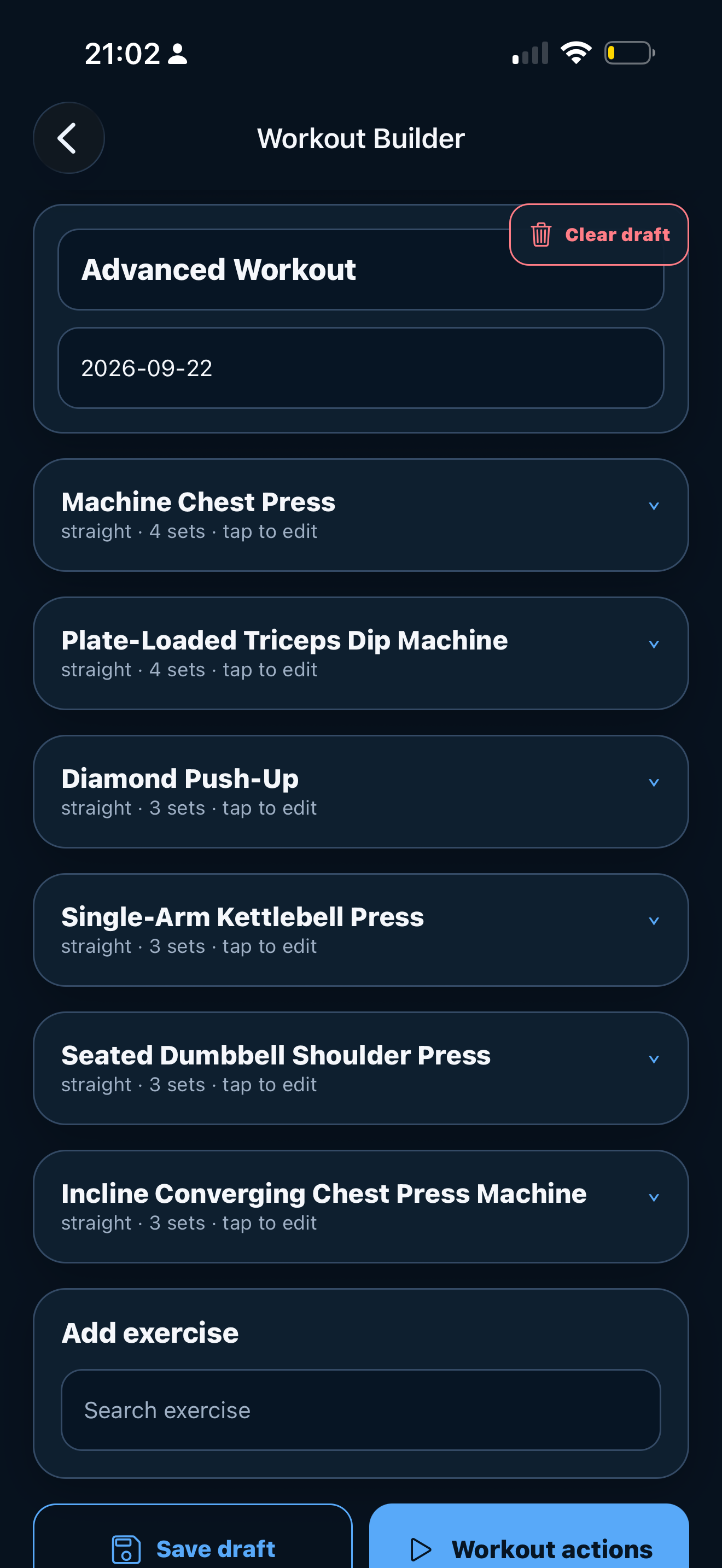 SERHILL app: structured workout with exercises and sets